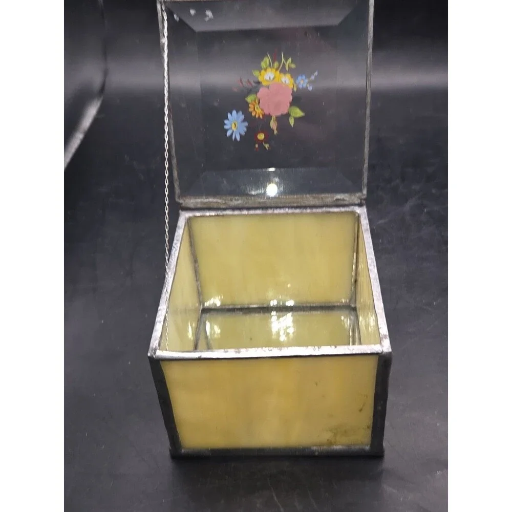 Vtg Glass Metal Leaded Trinket Jewelry Box Hinged Stained Glass Mirror Bottom